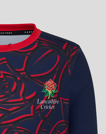 Navy and red sports jersey with Lancashire Cricket logo on a light gray background