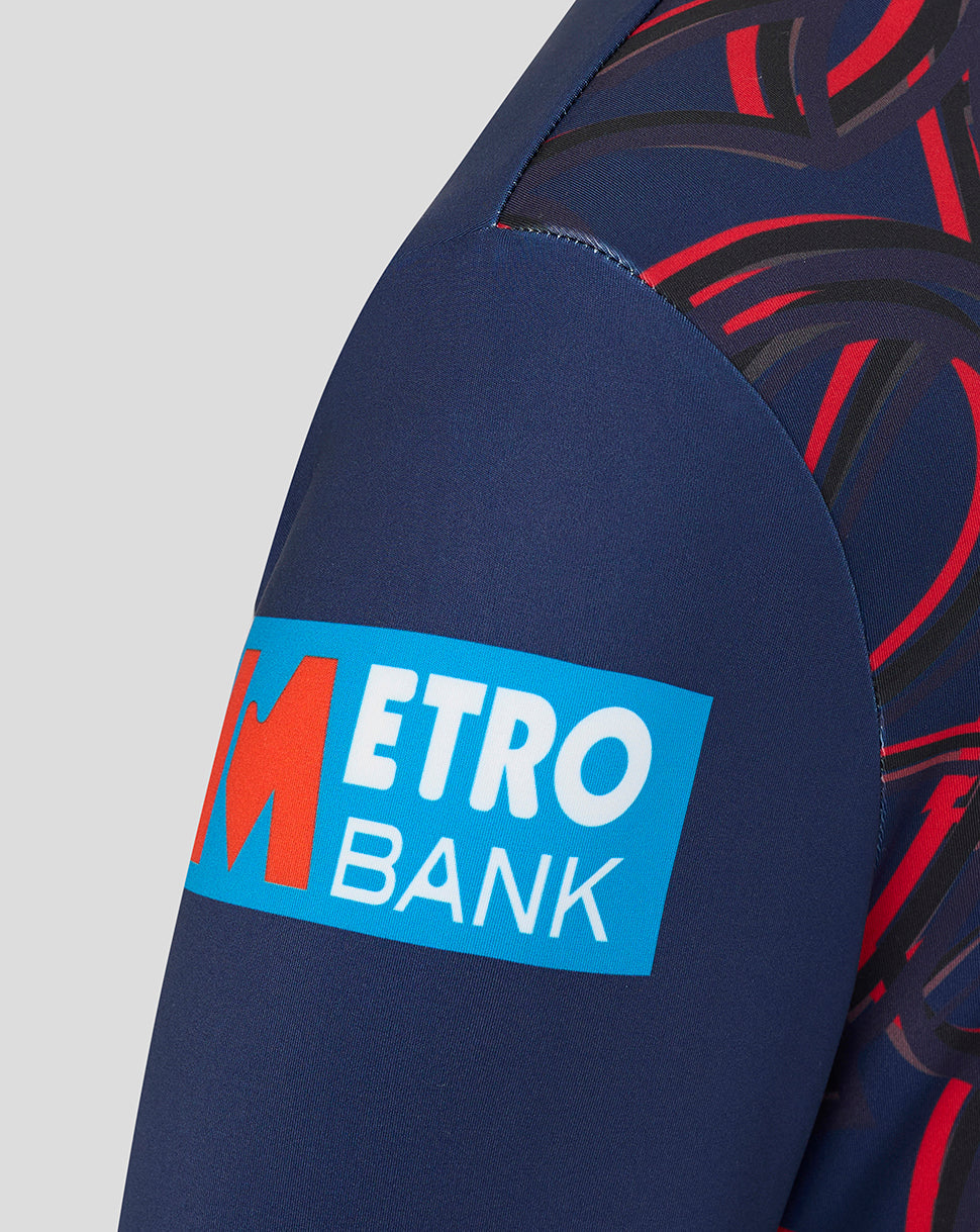 Navy jacket with Metro Bank logo on a light gray background