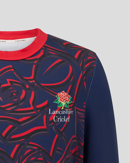 Navy and red sports jersey with Lancashire Cricket Club logo on a gray background