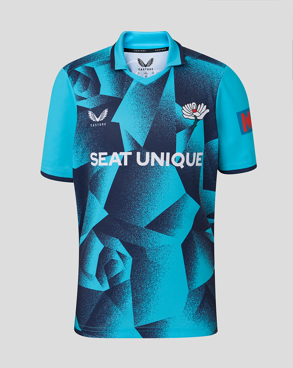 Blue sports jersey with geometric pattern and visible branding on a gray background