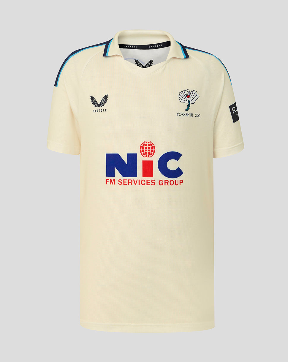 Beige sports jersey with logos on a gray background