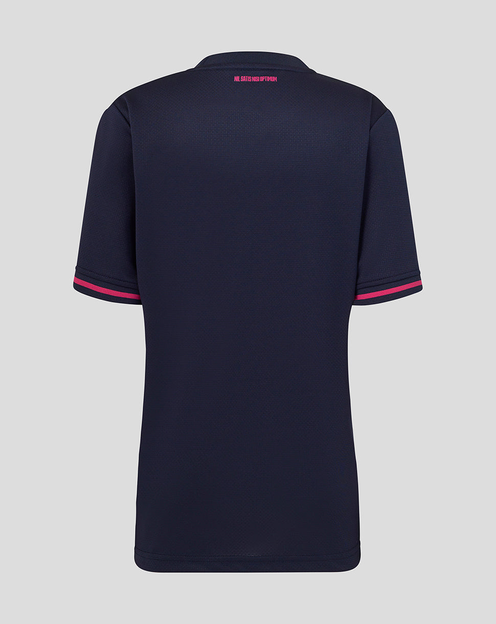 Navy blue polo shirt with pink accents on a light gray background