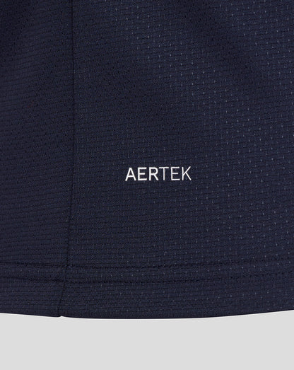 Navy blue fabric with 'AERTEK' logo on a close-up shot