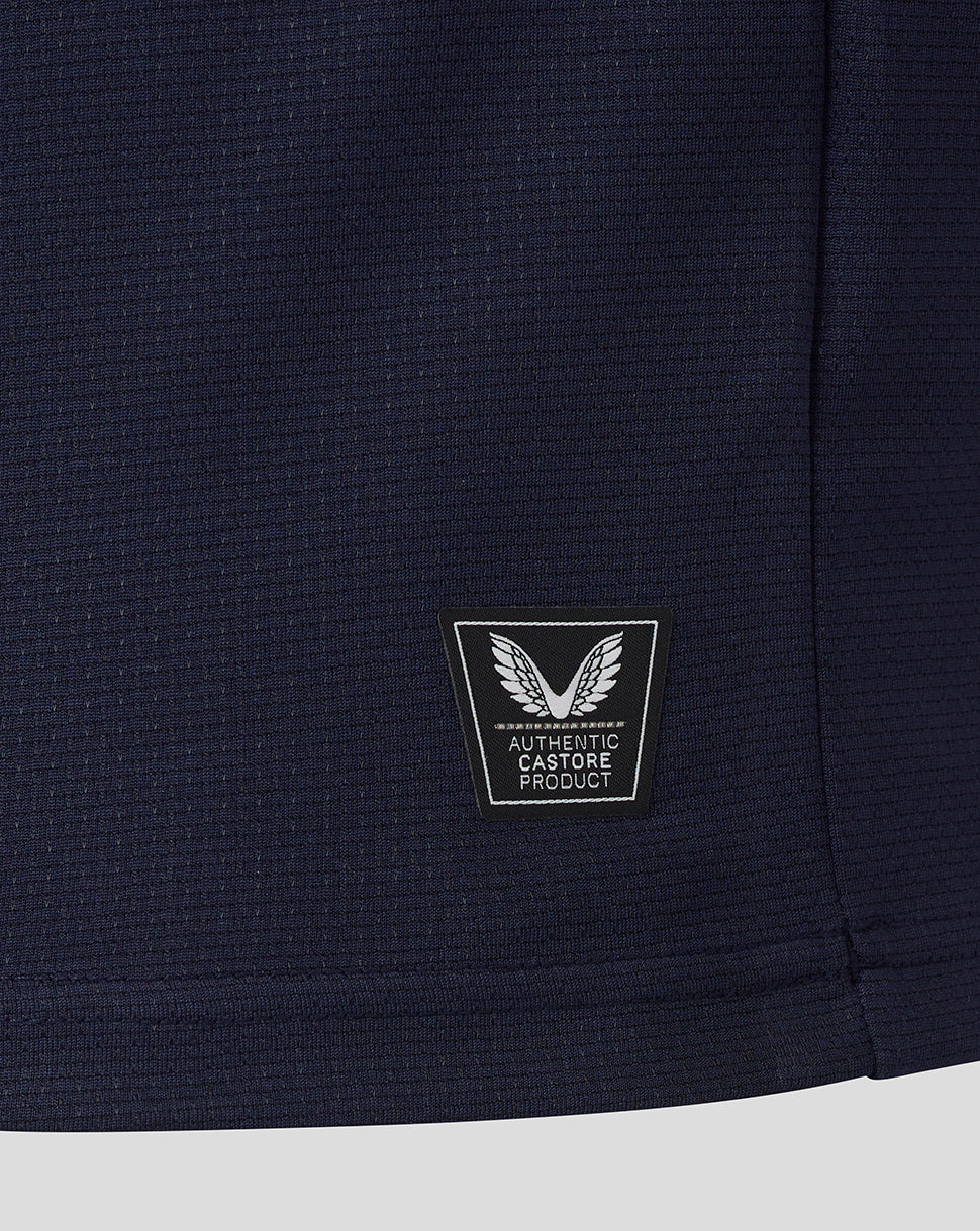 Navy shorts with a brand logo on a white background