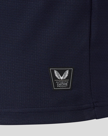 Navy shorts with a brand logo on a white background