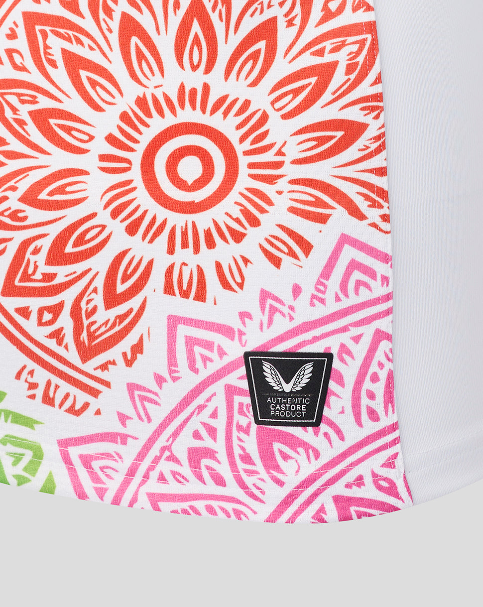 Product with a colorful pattern and a brand label on a white background