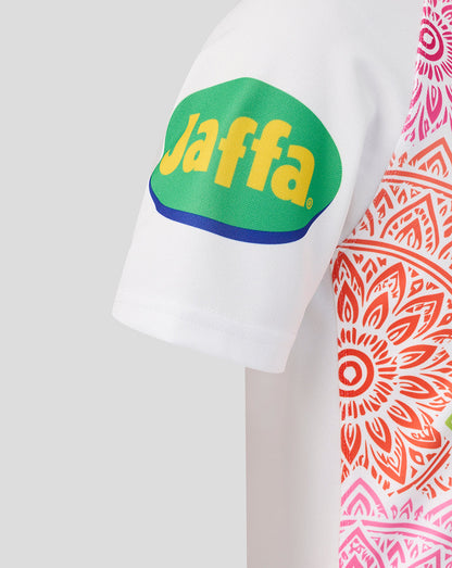 White shirt with 'Jaffa' logo and colorful pattern on a gray background