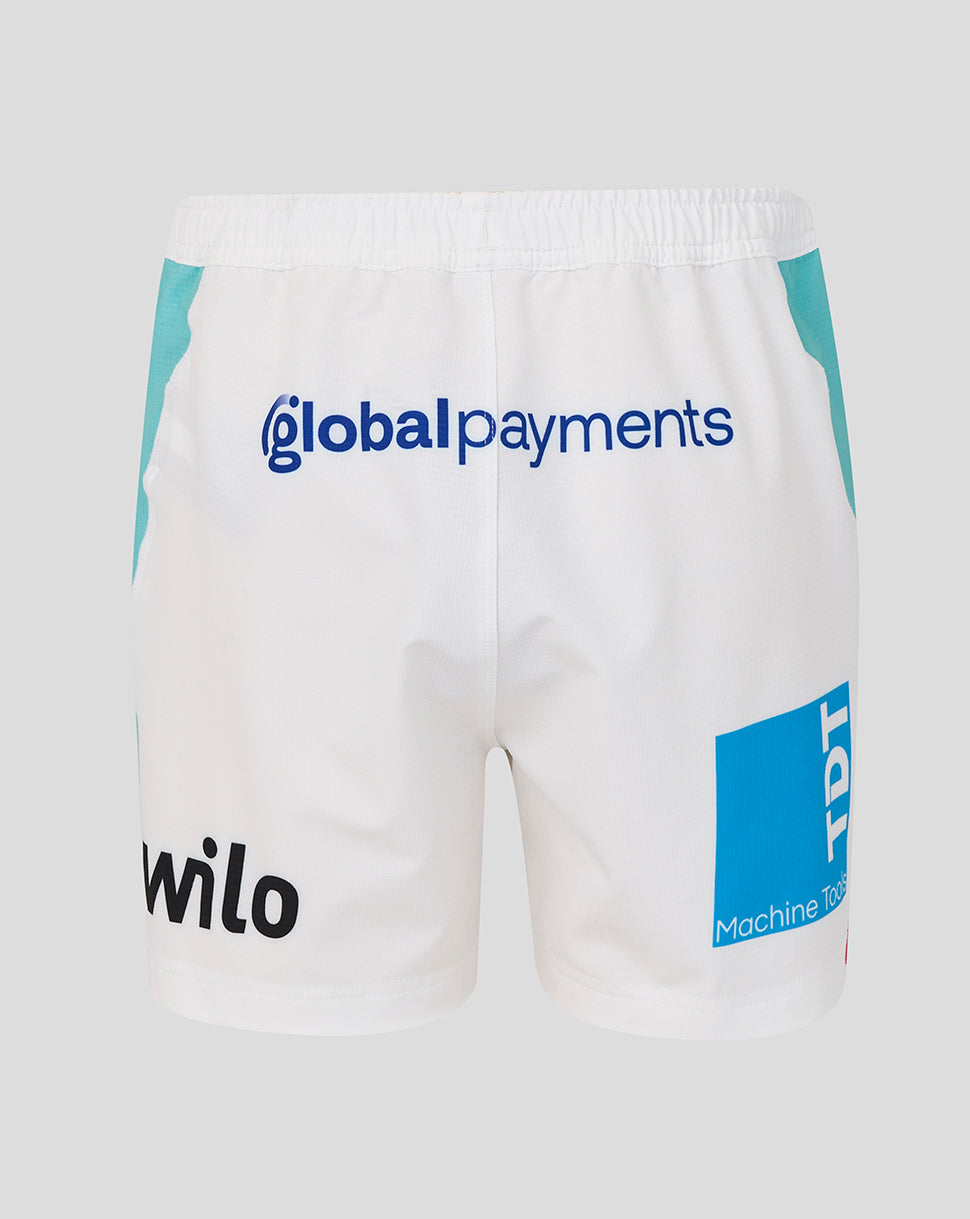 White shorts with 'global payments', 'wilo', and 'Machine Tool' logos on a light gray background