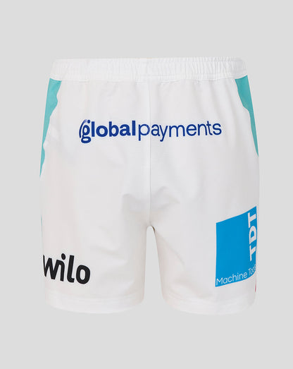 White shorts with 'global payments', 'wilo', and 'Machine Tool' logos on a light gray background