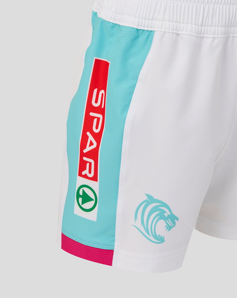 Colorful shorts with a brand logo on a white background