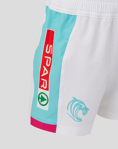 Colorful shorts with a brand logo on a white background