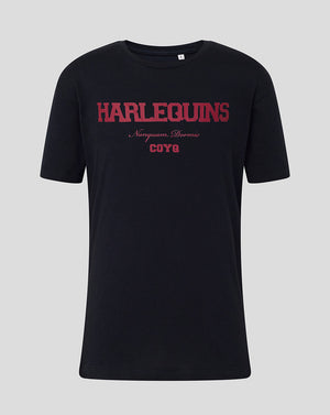 Black t-shirt with red 'Harlequins' text on a gray background