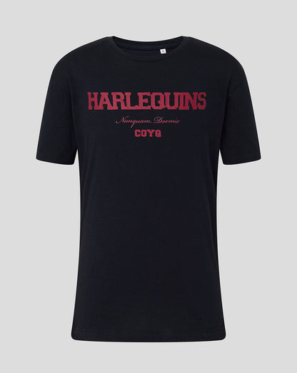 Black t-shirt with red 'Harlequins' text on a gray background