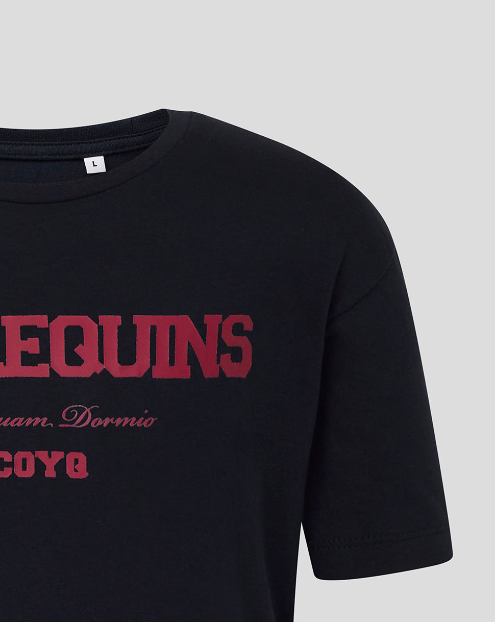 Black t-shirt with red text on a light gray background