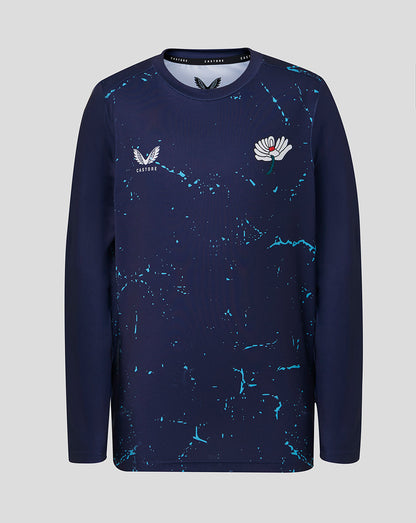 Navy long-sleeve shirt with blue abstract pattern and brand logo on a gray background