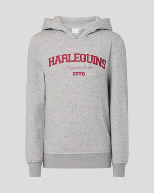 Gray hoodie with 'Harlequins' text on a light gray background