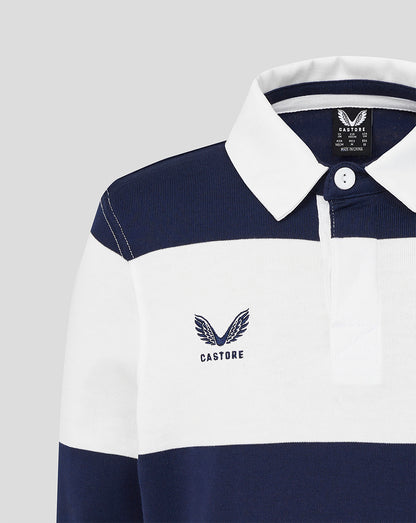 Navy and white polo shirt with 'Castore' branding on a light gray background