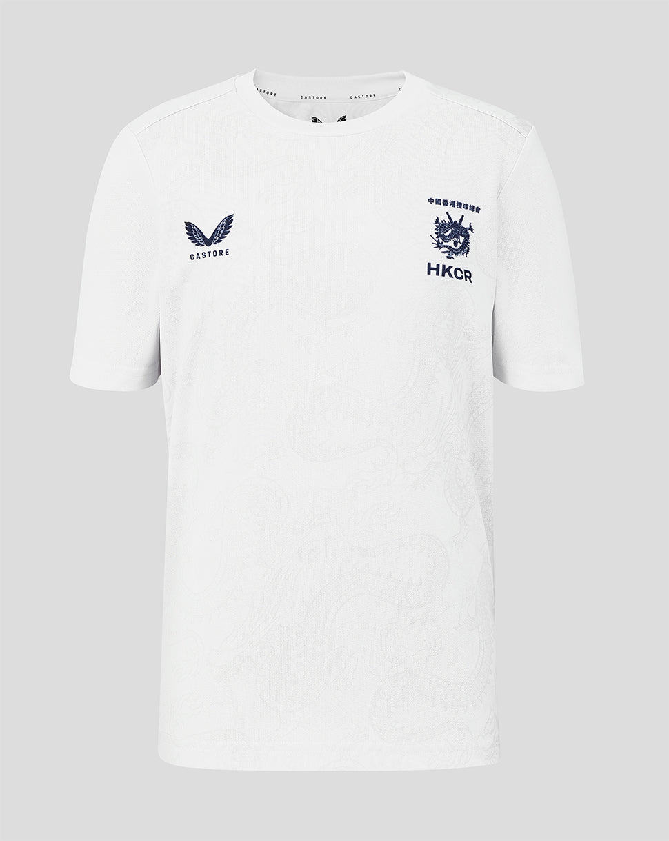 White t-shirt with embroidered logos on a gray background