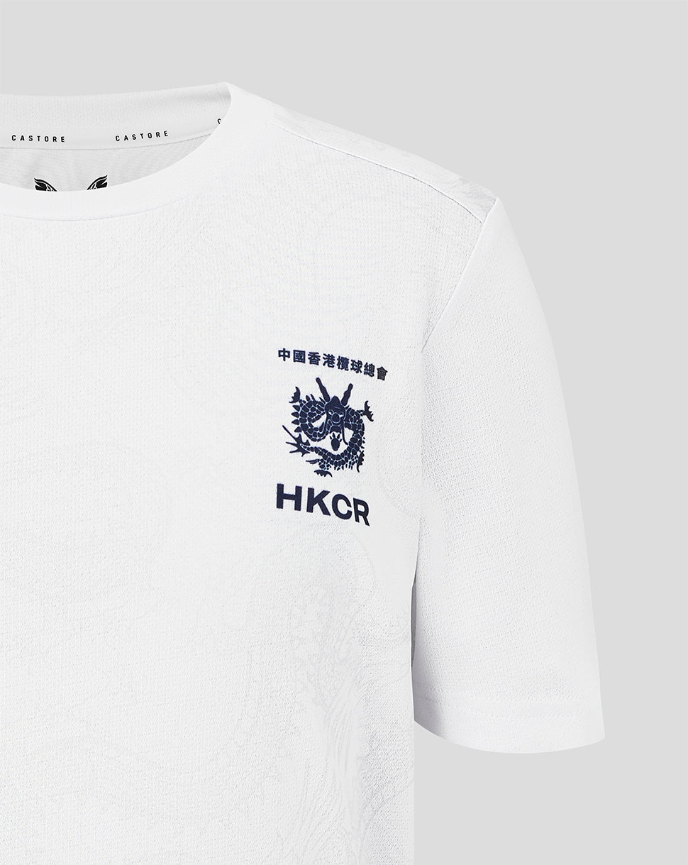 White t-shirt with black dragon emblem and 'HKCR' text on a light gray background