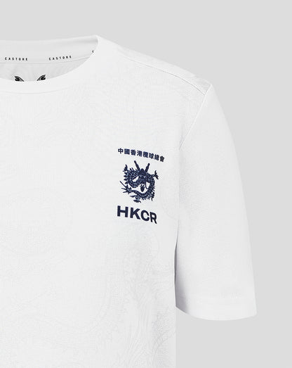 White t-shirt with black dragon emblem and 'HKCR' text on a light gray background