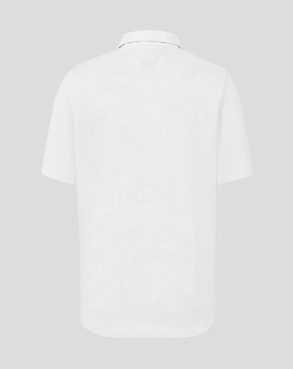 White polo shirt on a light gray background