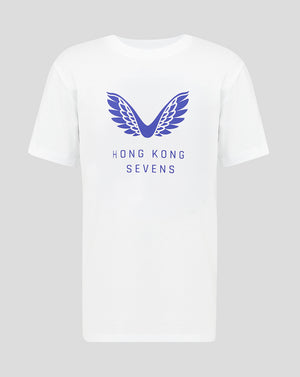 White t-shirt with blue logo and text on a gray background