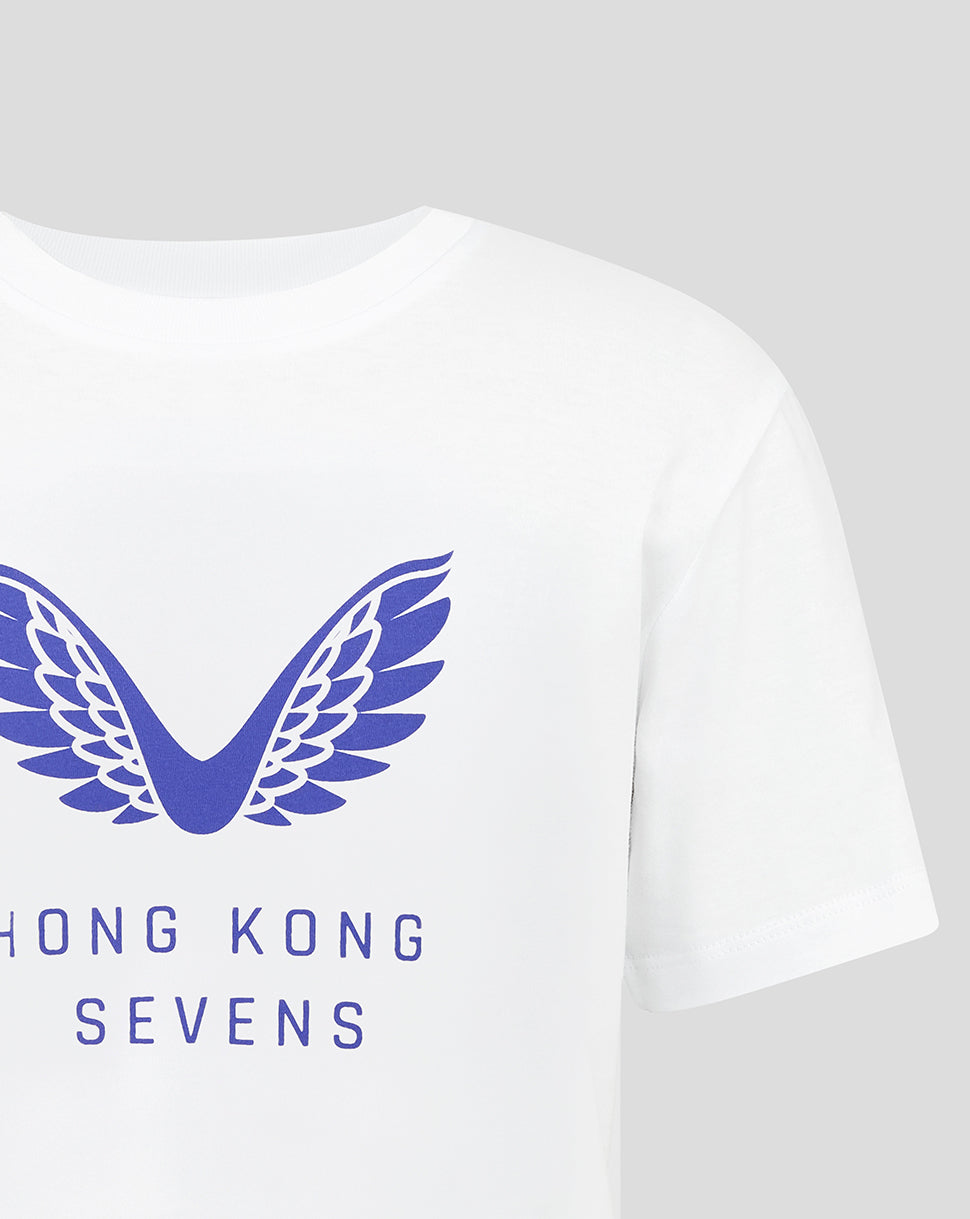White t-shirt with blue logo and 'Hong Kong Sevens' text on a gray background