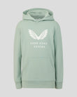 Aloe green junior hoodie with a large white wings graphic on the chest and a front kangaroo pocket