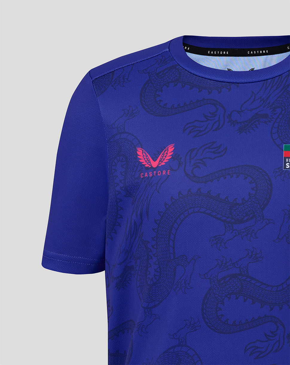 Blue t-shirt with dragon patterns and a red logo on a light gray background
