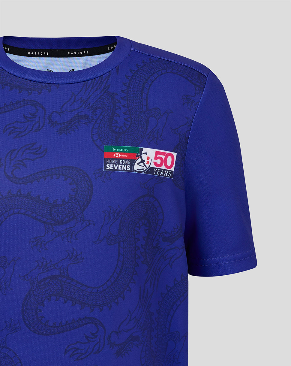 Blue t-shirt with dragon design and a visible brand logo on a gray background