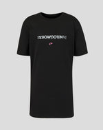 Black t-shirt with white text on a gray background