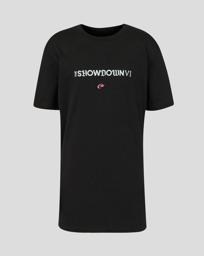 Black t-shirt with white text on a gray background