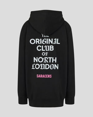 Black hoodie with text on the back on a light gray background