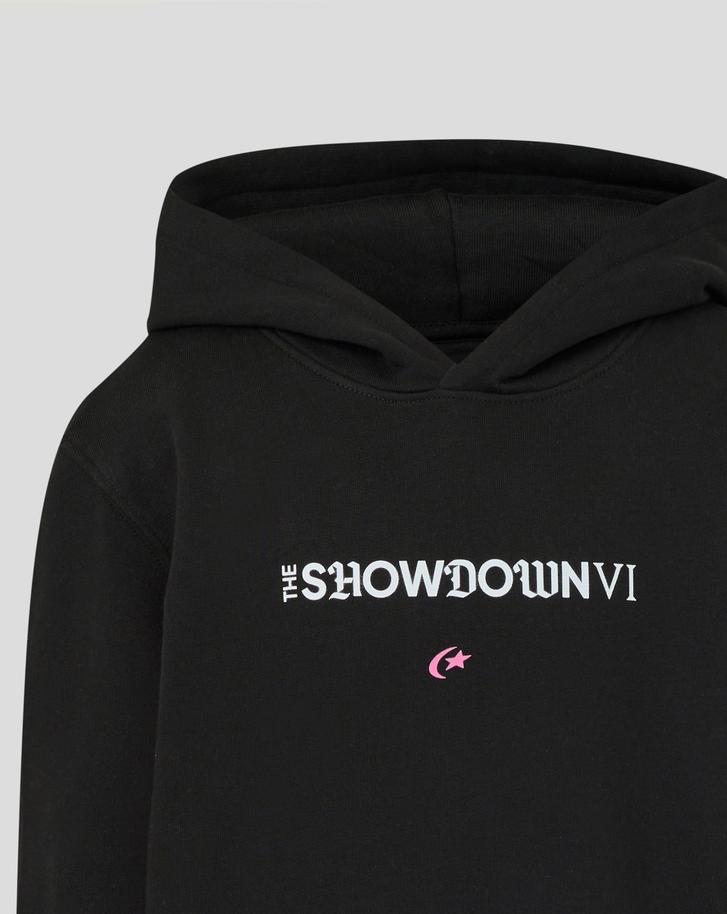 Black hoodie with 'THE SHOWDOWN VI' text and logo on a light gray background