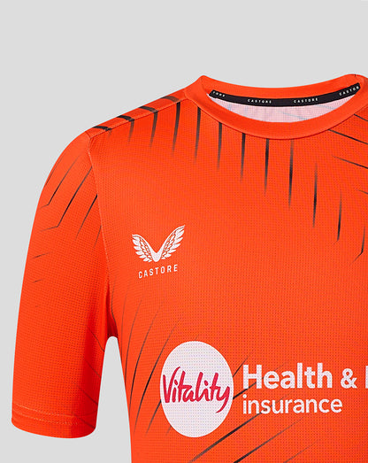 Sunrisers Leeds juniors orange training T-shirt with winged crest and Vitality sponsor logo