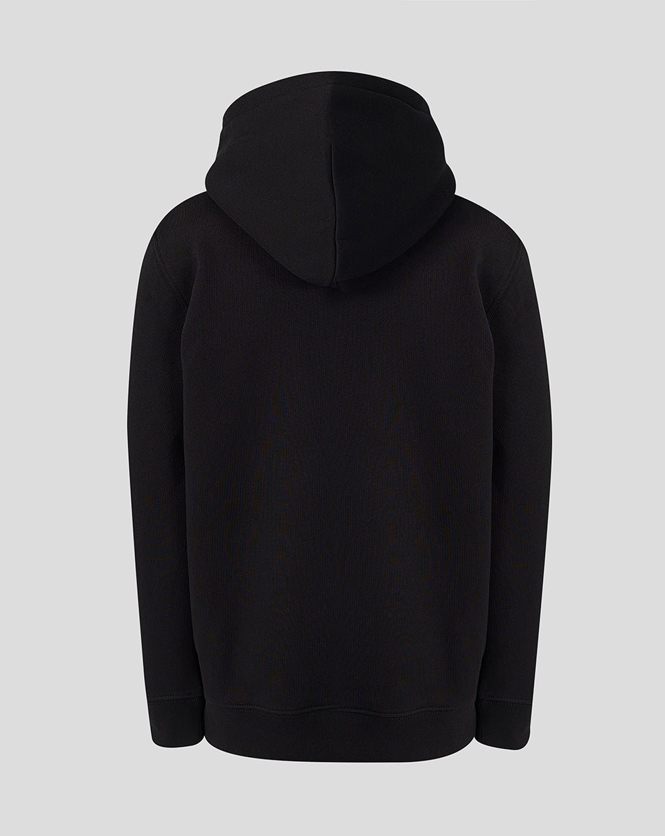 Back view of black Sunrisers Leeds hoodie with hood up