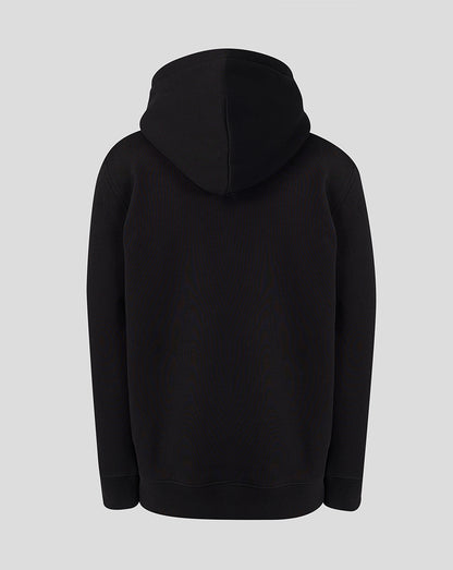 Back view of black Sunrisers Leeds hoodie with hood up