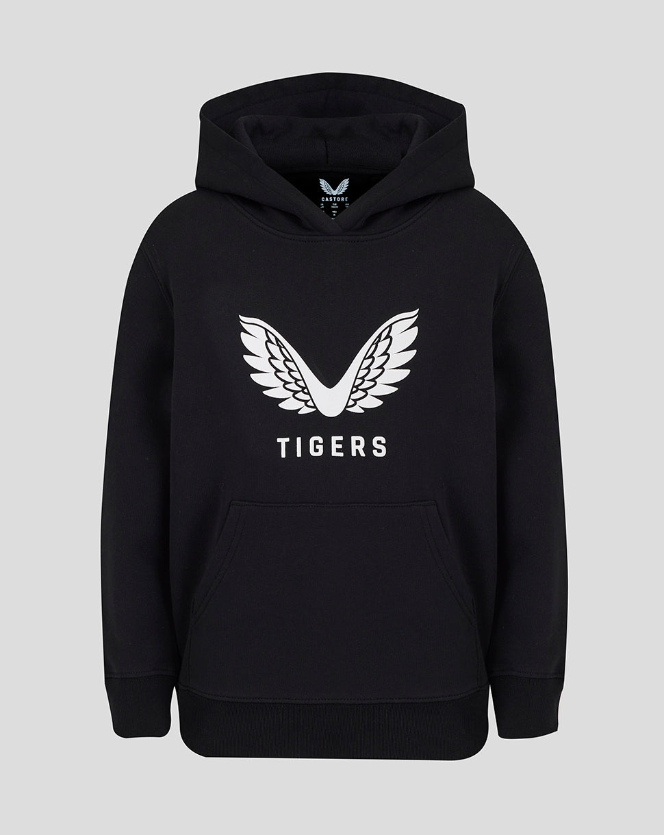 Leicester Tigers Junior 25/26 Travel Brushed Back Hoodie – Schwarz - Schwarz