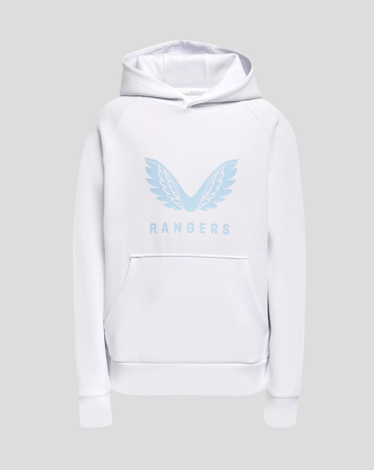 White hooded sweatshirt with pale blue wing crest and RANGERS lettering on the chest