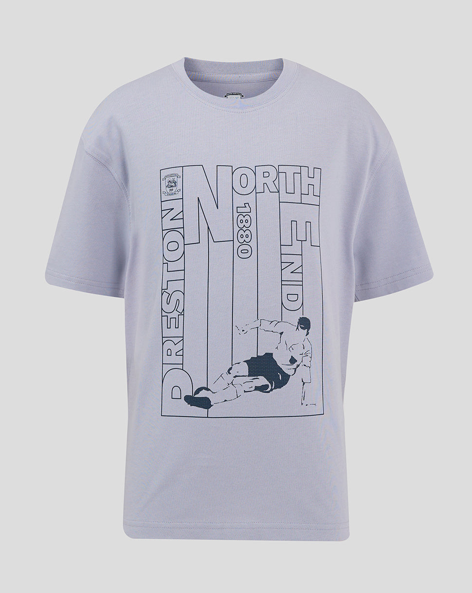 Light blue junior T shirt with navy graphic of a soccer player and vertical NORTH END text.