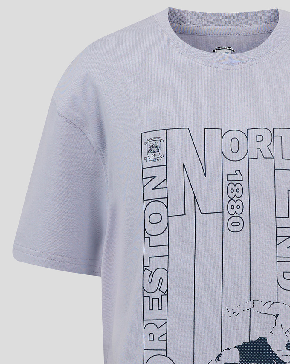 Light blue junior T shirt with a large outlined vertical graphic featuring the word NORTH and a small crest near the chest.