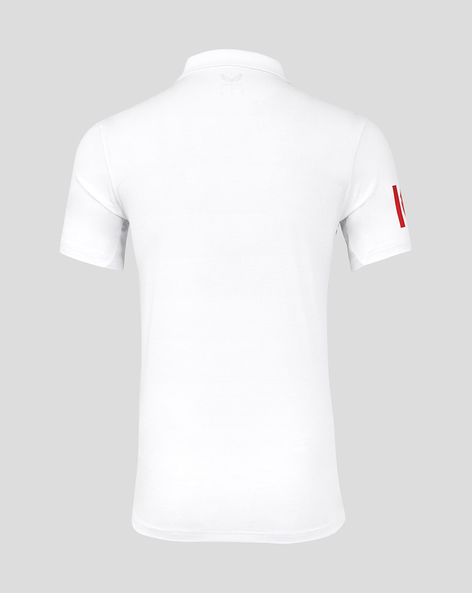 Back view of white England cricket test Pro Short Sleeve Shirt with subtle textured fabric and red trim.