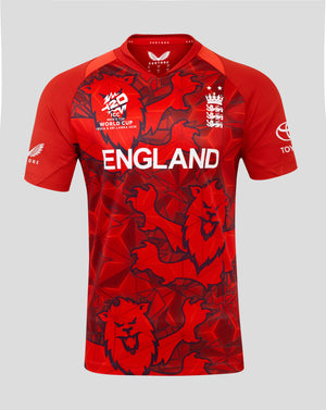 Red sports jersey with 'England' and World Cup branding on a gray background