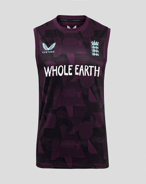 Purple sleeveless sports top with 'Whole Earth' text and branding on a light gray background