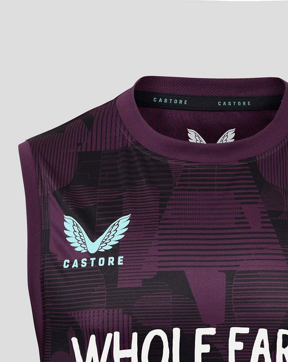 Purple sports jersey with 'Castore' branding on a light gray background