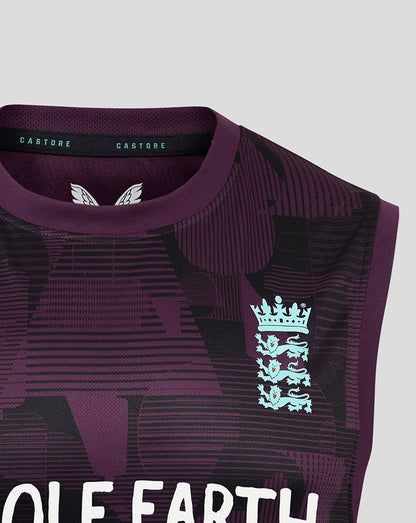 Purple sports jersey with a logo and text on a light gray background