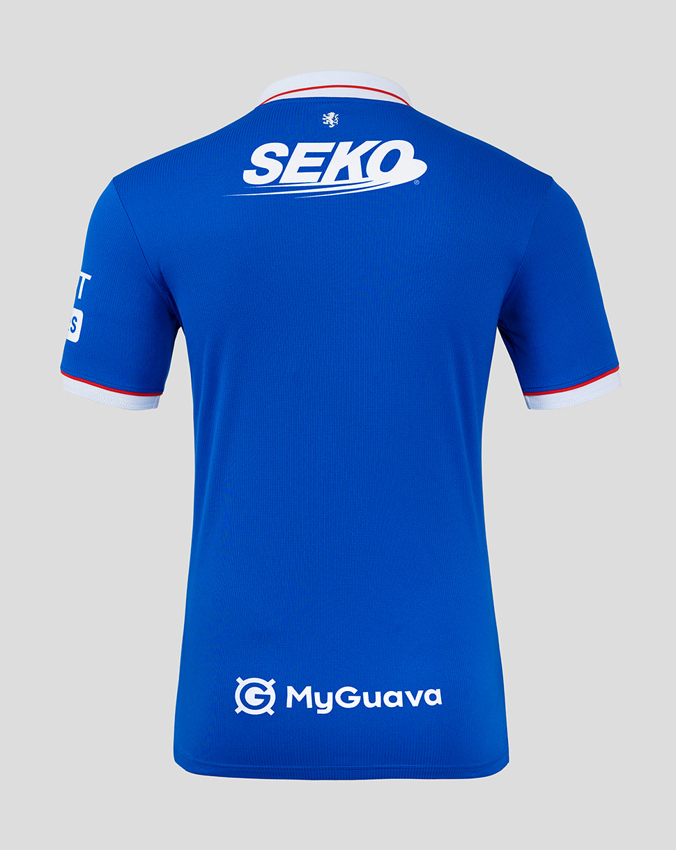 Back view of blue Rangers FC 25/26 home shirt showing SEKO logo on upper back and MyGuava sponsor on lower back.