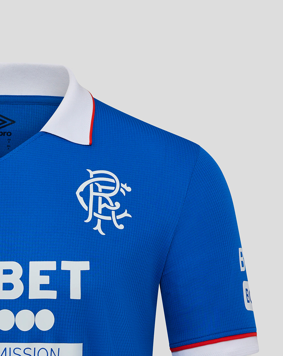 Rangers FC blue home shirt close up showing white collar with red trim and club crest on the chest