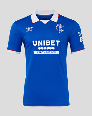 Front view of blue Rangers FC men's 25/26 home shirt with white collar crest and UNIBET sponsor.