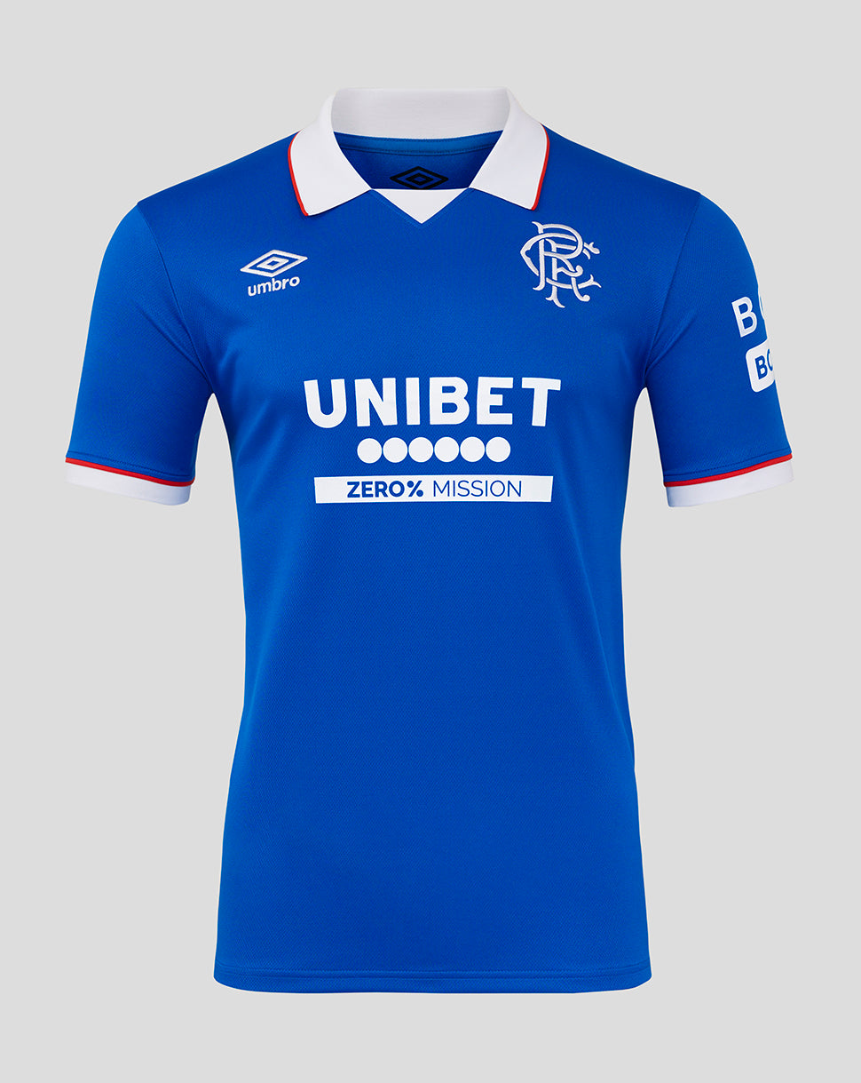 Rangers FC 25/26 Pro Home Shirt in blue with white collar and Unibet sponsor across the chest